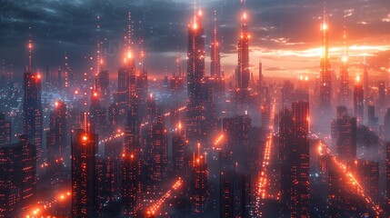 Obraz premium A futuristic cityscape bathed in warm, orange light at sunset. The towering buildings are illuminated with glowing windows and lights, creating a vibrant and dynamic scene.