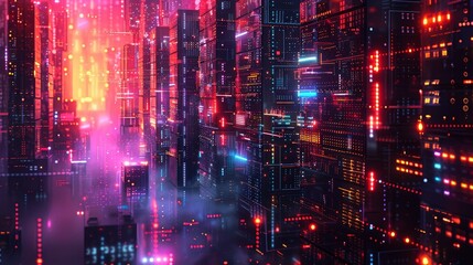 Fototapeta premium A futuristic cityscape with vibrant neon lights and glowing buildings.