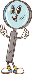 Cartoon groovy school magnifying glass character. Isolated vector whimsical, educational, fun learning retro magnifier loupe personage with cheerful face expression, wear vintage hippie sneakers