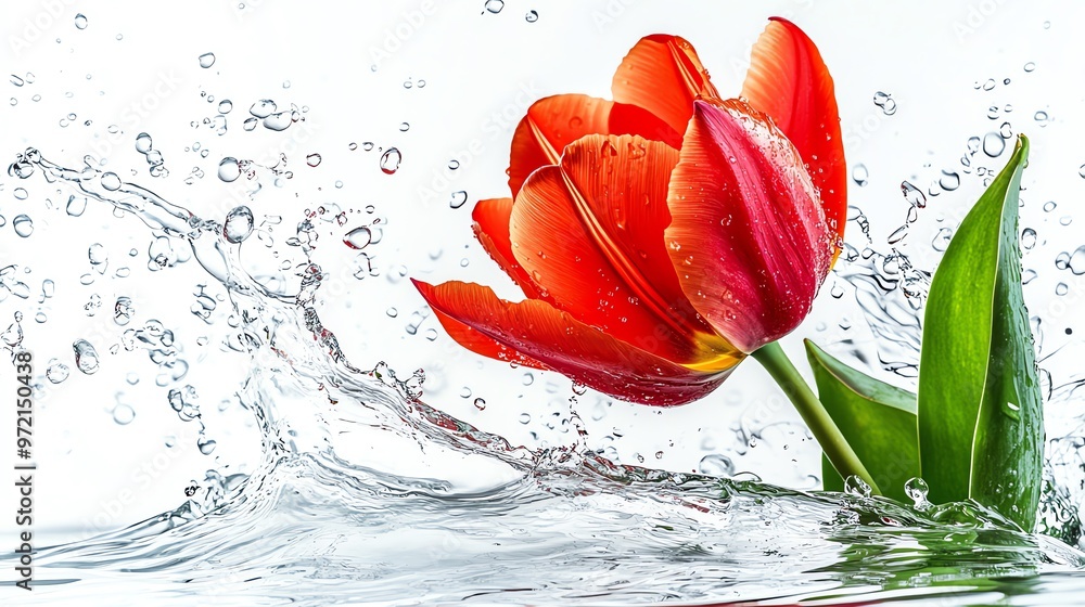 Poster a single red tulip with green leaves is splashed by water creating a wave and bubbles.