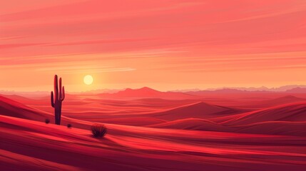 Fototapeta premium A lone cactus stands tall against a vibrant red sunset in a vast desert landscape. The sun dips below the horizon, casting long shadows across the sand dunes.