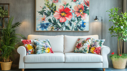 living room with sofa and flowers decor