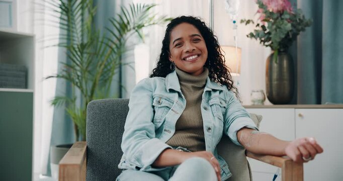 Healthcare, supplements and face of woman and iv drip for rehabilitation, detox and antioxidants. Medical, electrolytes and energy with portrait of person for vitamin c, glutathione and NAD fluids