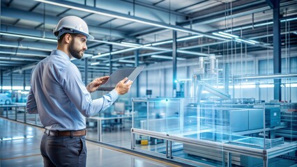 Engineer comparing physical products to digital models on a holographic screen, modern factory setting, [quality control], [digital product verification]