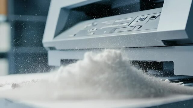 Printer malfunction with paper jam and shredded debris scattered on surface