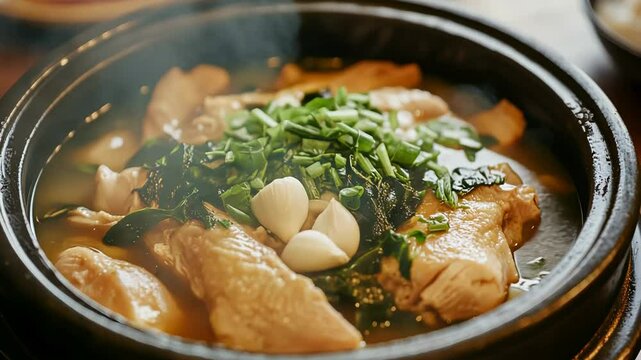 Delicious homemade chicken stew with fresh herbs and garlic in a steaming traditional pot