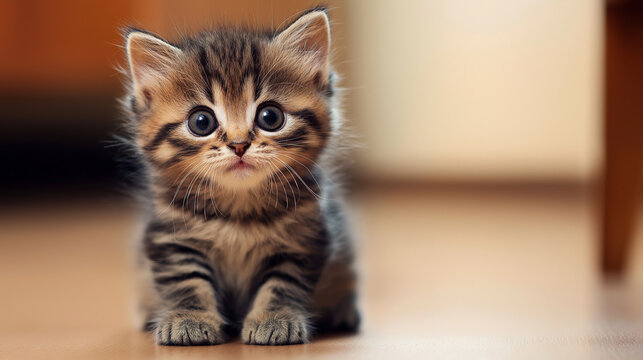 S&uuml;&szlig;e kleine Katze blickt mit gro&szlig;en Augen direkt in die Kamera