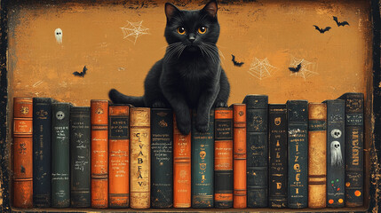A black cat sits on a bookshelf filled with vintage books, set against an autumn-themed background.