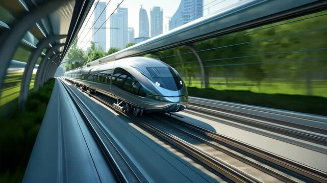 High-Speed Train in Cityscape: A sleek, futuristic train speeds through a modern city, its sleek design and blur of motion capturing the essence of speed, innovation, and progress.  
