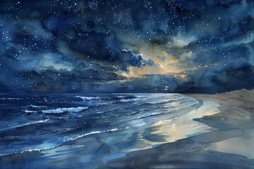 Fototapeta premium A serene seascape at night, with a starry sky reflecting on the calm ocean waves, creating a tranquil and dreamlike atmosphere.