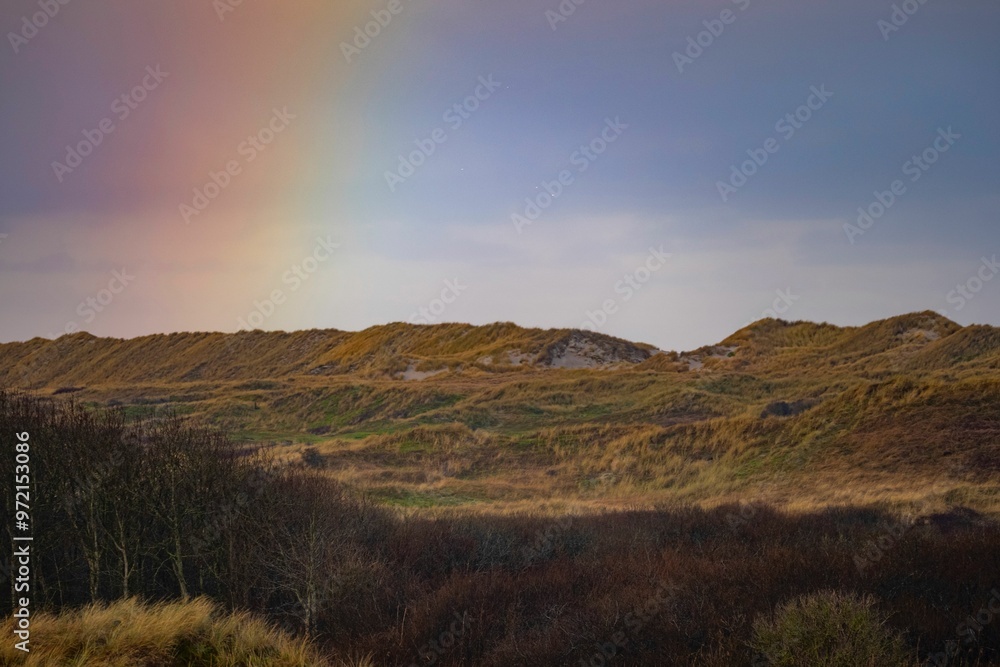 Poster Scenic view of grassy dunes under a rainbow on Ameland Wadden Island, Netherlands