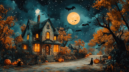 A spooky Halloween scene featuring a haunted house, pumpkins, bats, and a full moon.
