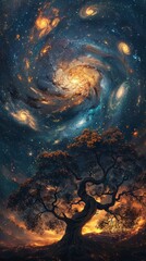 Naklejka premium A solitary tree stands against a swirling, colorful night sky filled with stars and galaxies.