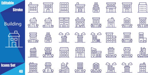 Building web icons in line style. Hotel, hospital, apartments, city, town house, mall, coffee, collection. Vector illustration