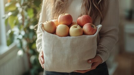 A man holding a beige cloth bag filled with red and yellow apples.