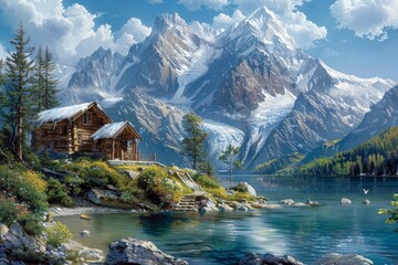 A tranquil lake nestled in the shadow of majestic snow-capped mountains, with a quaint cabin on the shore.