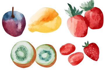 Watercolor fruit set isolated on white background. Vegetarian diet food