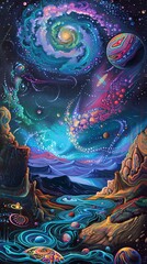 Fototapeta premium A vibrant and surreal landscape with a swirling galaxy, celestial bodies, and a flowing river.