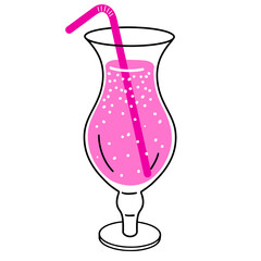 Glass of pink cocktail with straw isolated on white background. Linear summer drink for menu, bar. Ice alcoholic drink