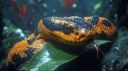 A vibrant snake resting on a leaf in a lush, underwater environment.