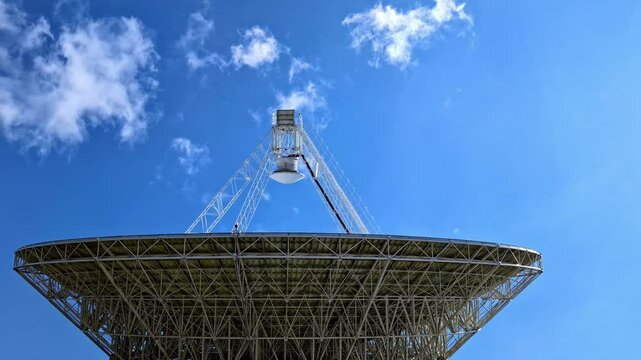 Radio Astronomy Observatory With Radio Telescope RT-32 Against Blue Sky. Close-up Shot