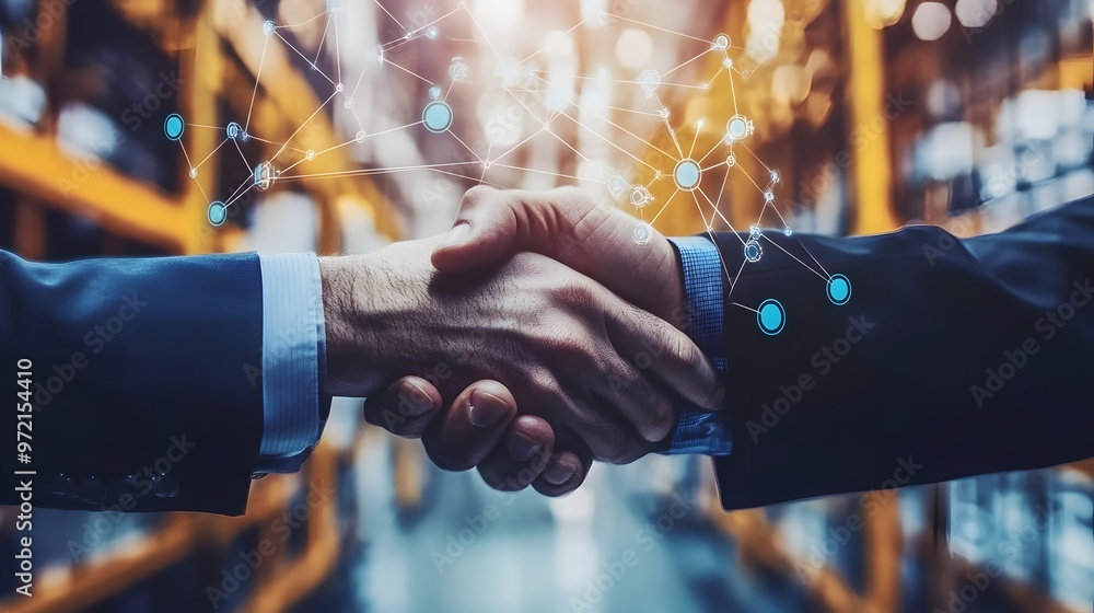 Aufkleber handshake symbolizing connection and collaboration with a digital network overlay