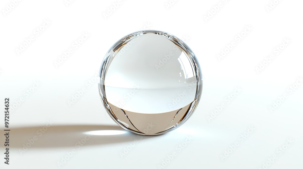 Poster a 3d render of a clear glass sphere on a white surface with a reflection of the surface.