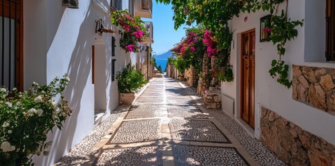 A vibrant mosaic-tiled walkway winding through narrow streets in a Mediterranean village