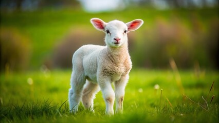 Obraz premium In a sun-kissed meadow, a soft little lamb enjoys the warmth, its fluffy white coat glistening with dew,