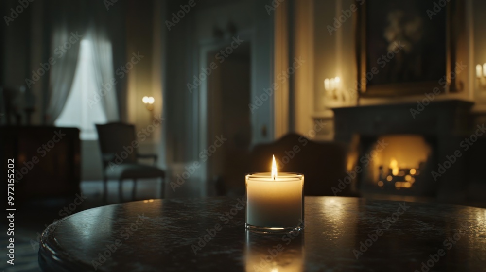 Poster A softly lit room featuring a candle on a table, creating a warm and inviting atmosphere.