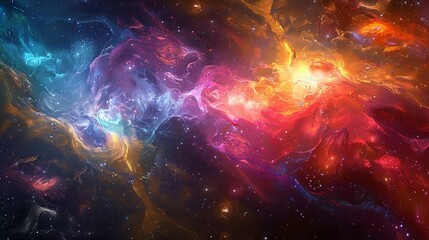 Fototapeta premium Abstract cosmic nebula with vibrant blue, red, and orange hues. The swirling clouds create a mesmerizing space scene.