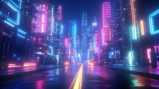 Fototapeta Futuristic cyberpunk city at night, with neon lights illuminating the streets and skyscrapers.