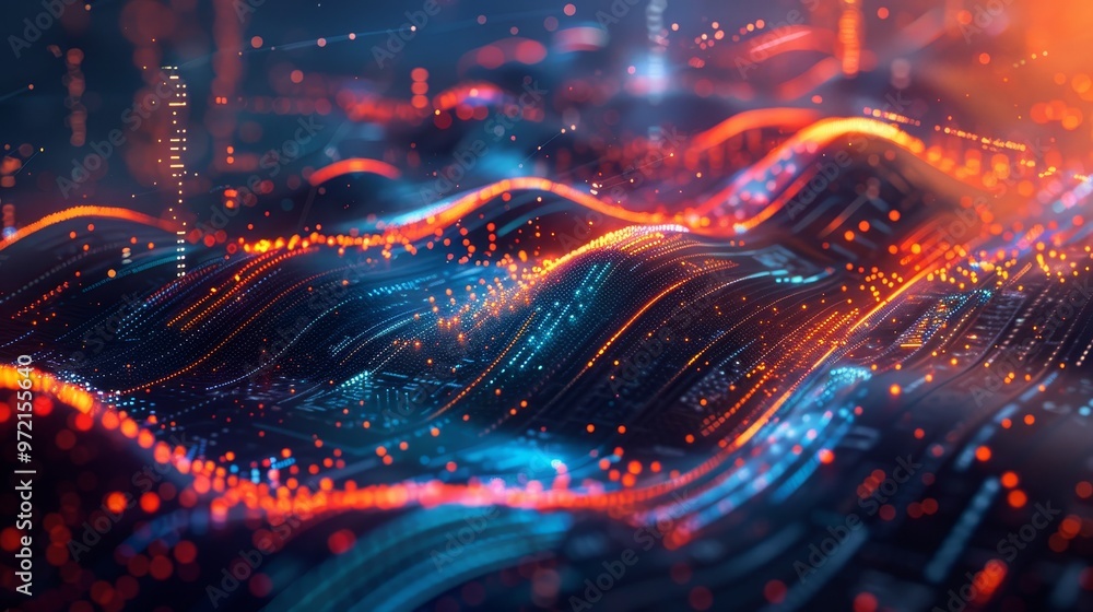 Poster abstract digital landscape with glowing lines and particles, creating a futuristic and dynamic scene