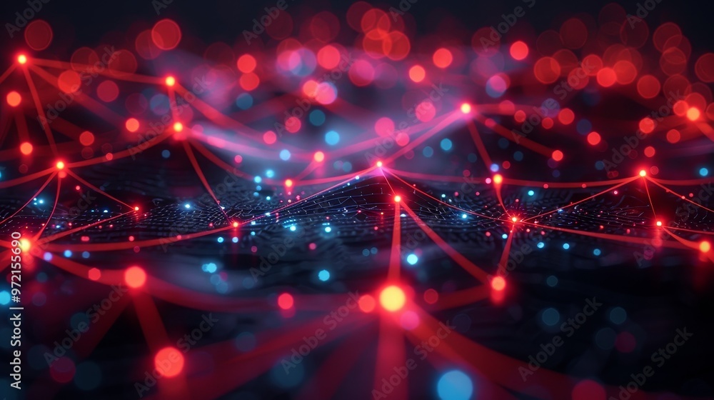 Poster abstract digital network with glowing red and blue nodes connected by lines. conceptual image for te