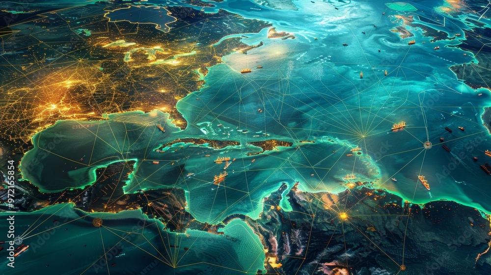 Poster abstract image of the world with glowing lines representing connections and communication.