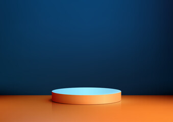 Vibrant 3D Orange and Blue Podium Display on Orange Platform on Blue Background, Modern Product Mockup and Showcase with Contrasting Backdrop