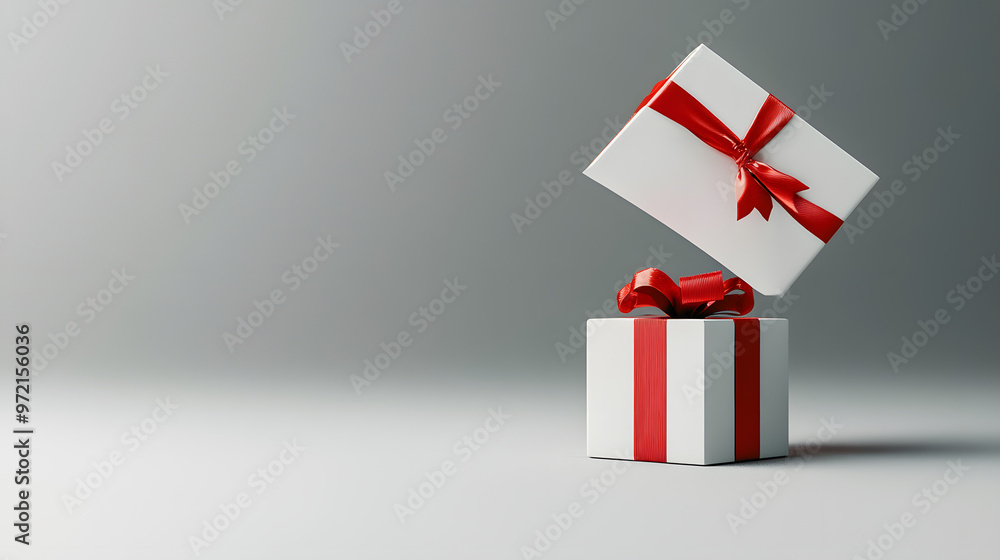 Poster blank white present box open or gift box with red ribbons and bow isolated on white grey background 