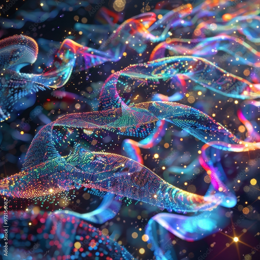 Poster abstract swirling lines of light and color with a glowing background.