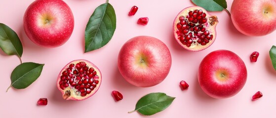 A vibrant arrangement of apples and pomegranates celebrates Rosh Hashanah on a pastel pink background