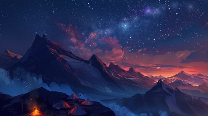 A serene mountain landscape under a starry sky with tents illuminated by a campfire.