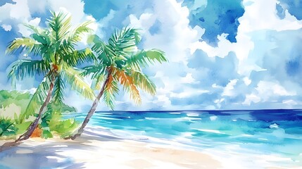 Watercolor Painting of Palm Trees on a Tropical Beach