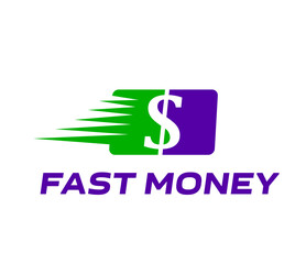 Fast money digital transfer icon. Quick cash exchange, pay and credit. Vector emblem with dollar symbol and speed lines. Financial transaction sign for fintech company, financial app or digital wallet