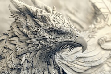 Detailed close-up of a majestic, intricately sculpted bird of prey, its powerful beak and piercing eye suggest strength and wisdom.