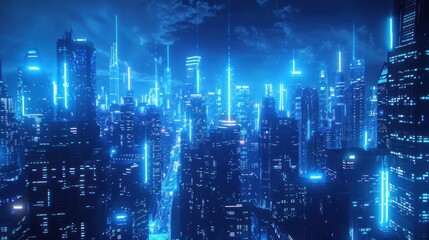 A futuristic cityscape illuminated by blue lights, showcasing advanced architecture and technology.