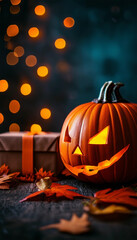 Halloween pumpkin displayed with fall leaves and a present on a dark background