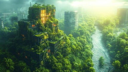 Fototapeta premium Lush greenery envelops a futuristic, abandoned building by a river.