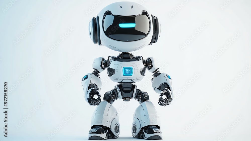Poster friendly robot character with white and blue color scheme standing on a white background.