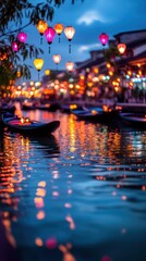 Obraz premium A vibrant walkway along a riverbank, adorned with colorful boats and lanterns reflecting off the shimmering water