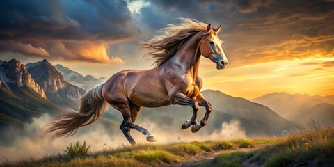 Fototapeta premium Majestic horse exudes freedom and strength as it gallops through open fields, its untamed spirit soaring against a