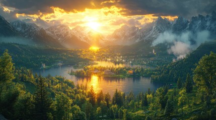 Fototapeta premium Serene landscape at sunset with mountains and a tranquil lake.